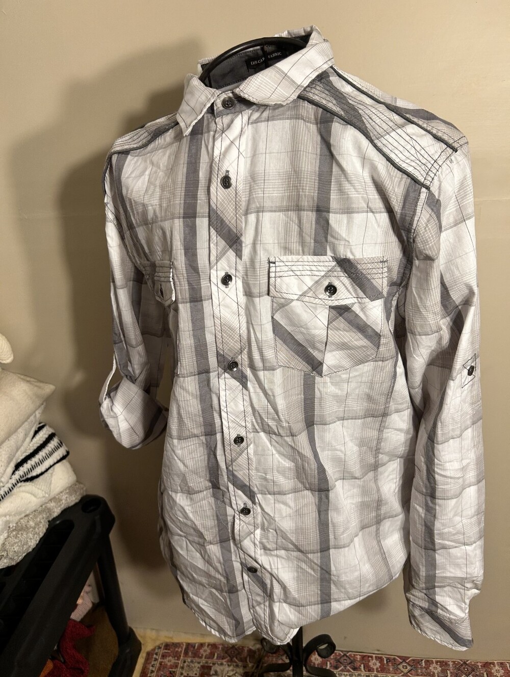 mens size medium plaid gray white men casual dress shirt button